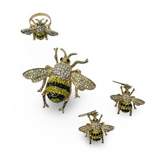 Gold Tone Crystal Bee Ring Brooch Earrings Jewelry Set
